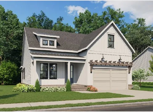 A charming modern farmhouse exterior with a welcoming porch and attached garage.