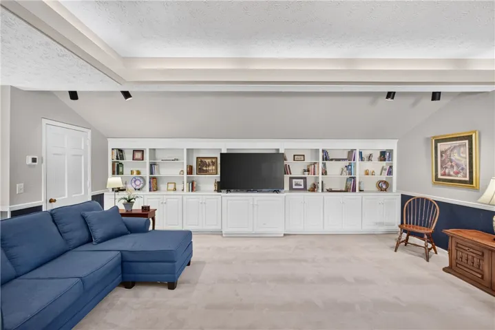 Built-in shelving and soft carpet flooring create a cozy entertainment area.