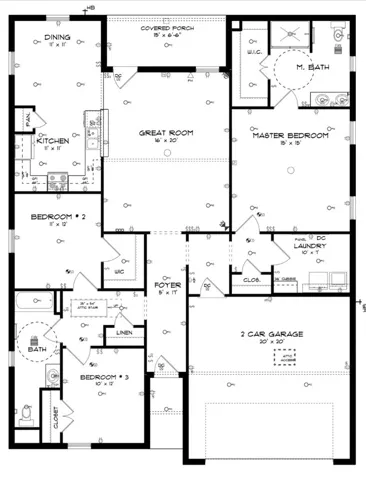 A clear and functional floor plan delineates the practical flow of a three-bedroom, two-bath home with an integrated two-car garage.