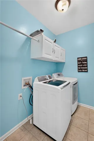 A well-appointed laundry room features functional cabinetry and efficient appliances, making chores a breeze.