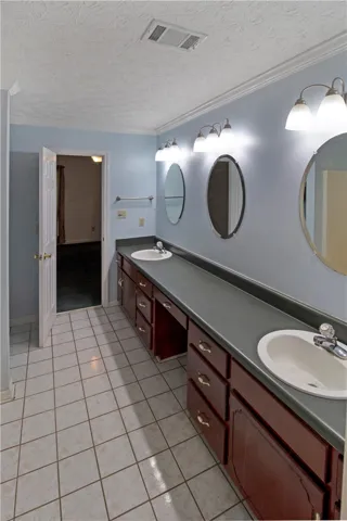 A generously sized vanity provides ample counter space and storage, complemented by dual sinks and well-lit mirrors.