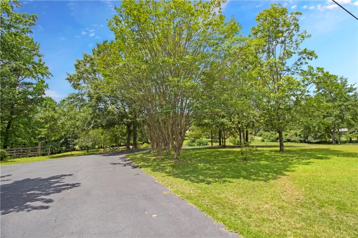 An inviting asphalt driveway winds through verdant trees and an open lawn, leading to a secluded property.