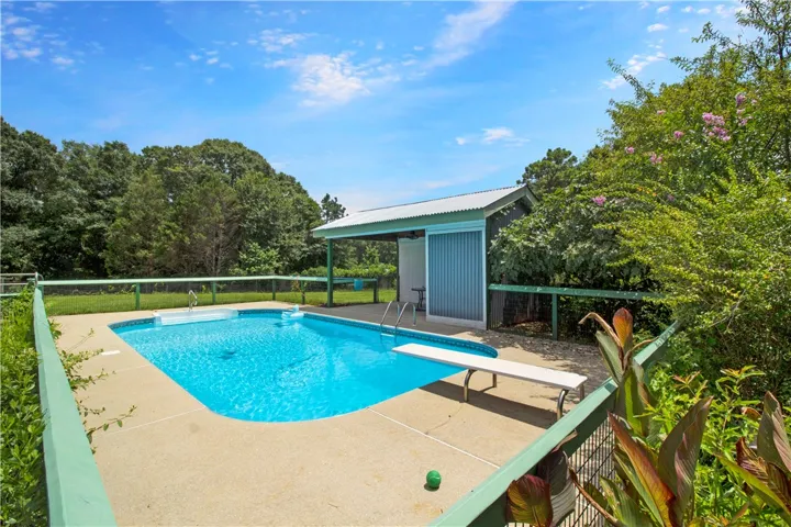 An inviting backyard oasis offers a sparkling in-ground pool with a diving board, set amidst mature trees and a sunny patio.