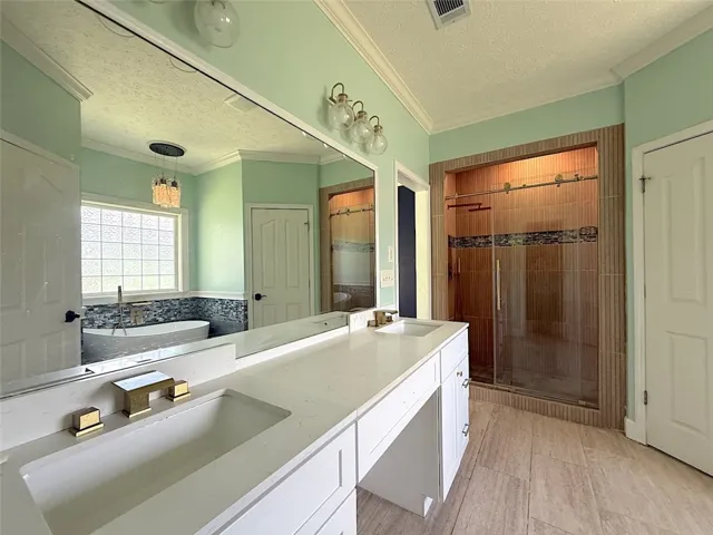 Luxurious primary bath with a spacious walk-in shower and elegant double vanity.