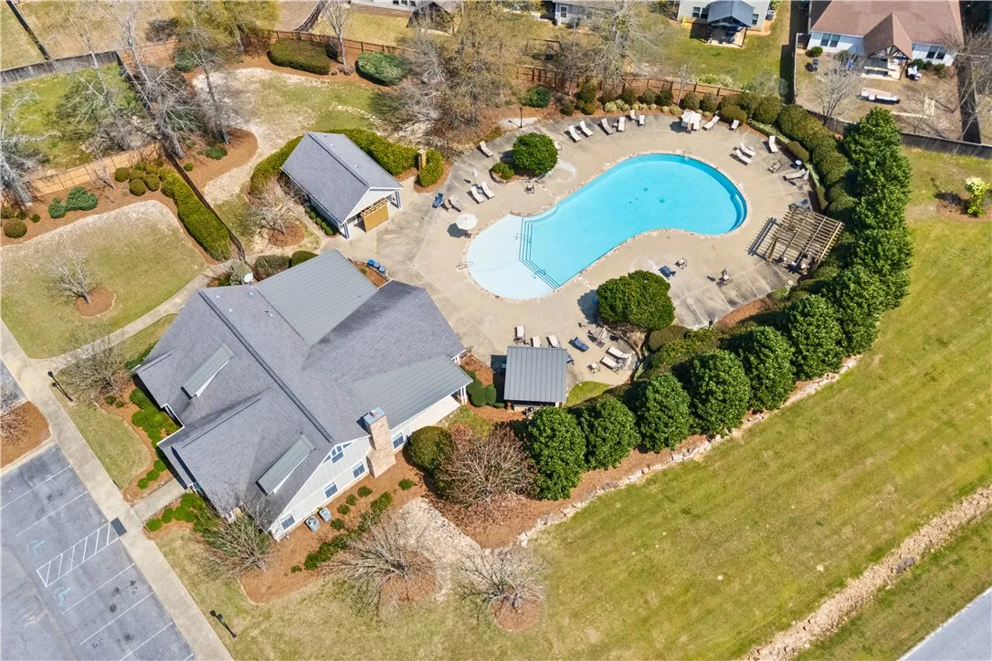 Aerial view of the clubhouse and pool