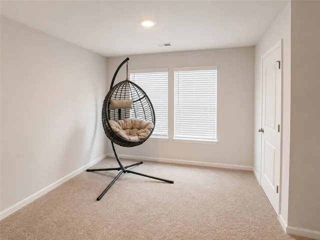 A comfortable bonus room with plush carpeting and natural light from broad windows.