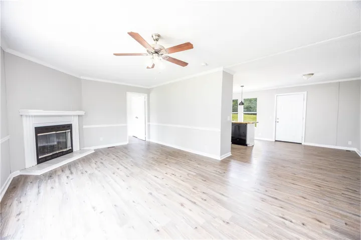 New paint, flooring, fixtures. Fireplace is Decorative