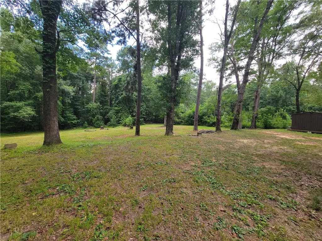 A spacious green lawn is framed by towering trees and a secluded storage shed, perfect for outdoor living.