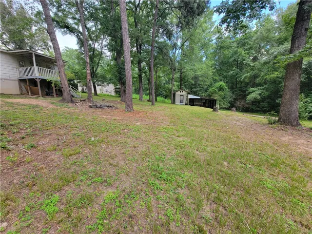 Mature trees shade a spacious yard with a charming outbuilding, providing ample room for outdoor activities.
