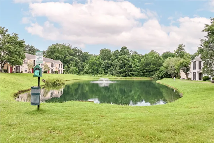 A tranquil pond with a decorative fountain offers  water views alongside lush green spaces.