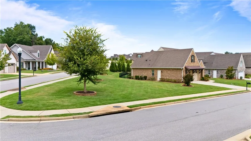 View of the side yard and back yard with established trees