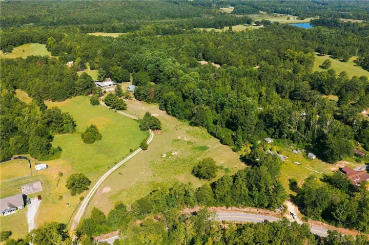 An aerial perspective reveals a vast estate with a winding driveway and dense, verdant woodlands.