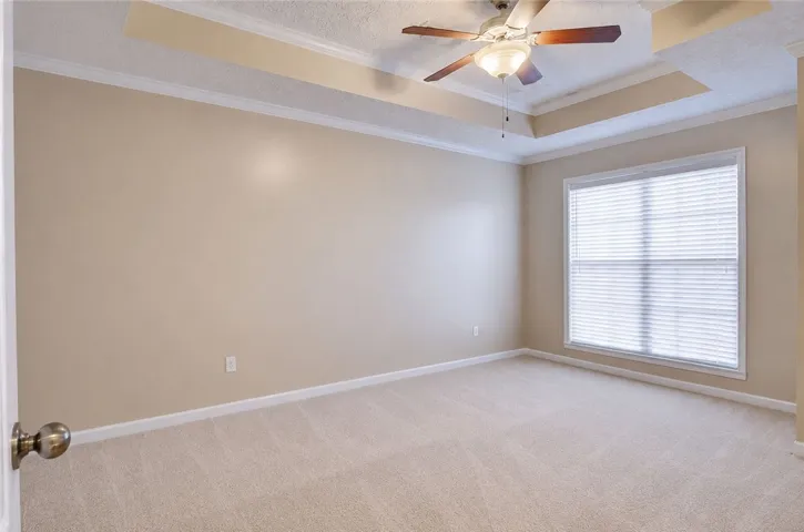 A well-lit bedroom features plush carpeting and a stylish tray ceiling.