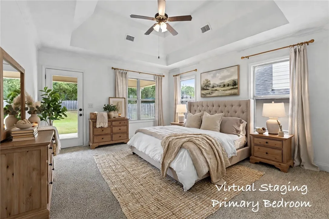 Virtually staged primary bedroom to envision furniture placement
