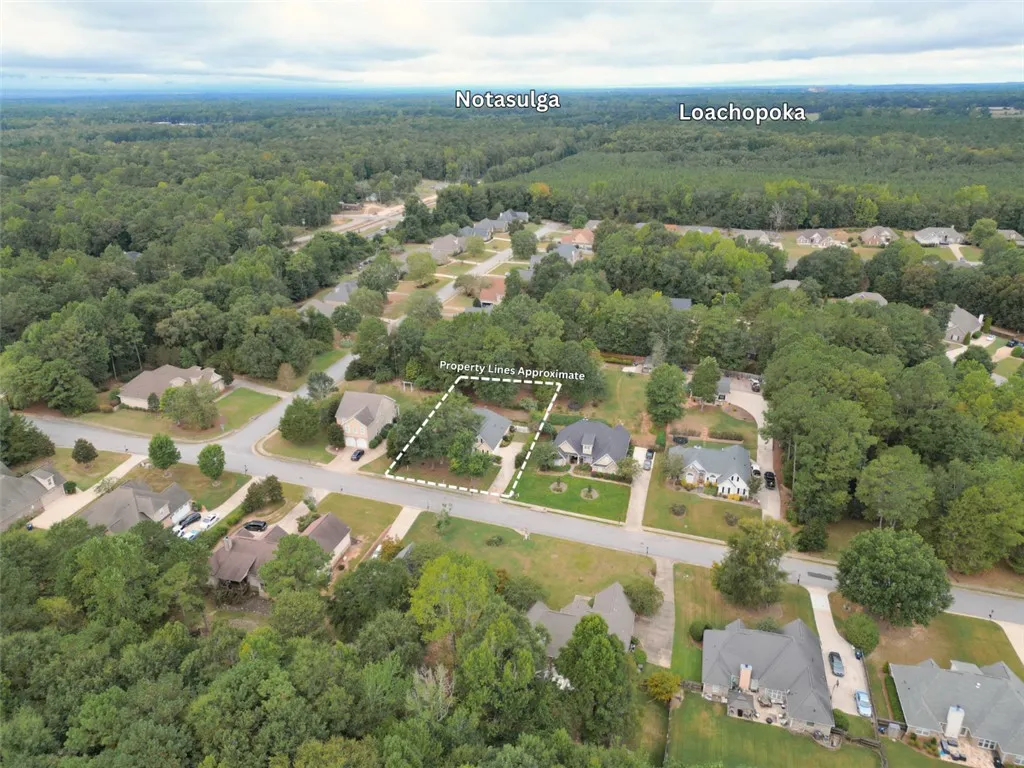 A peaceful suburban neighborhood surrounded by mature trees offers a quiet, established setting.