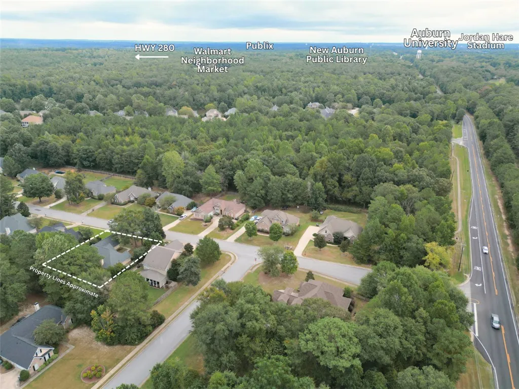 An aerial perspective showcases a quiet residential neighborhood nestled among mature trees.