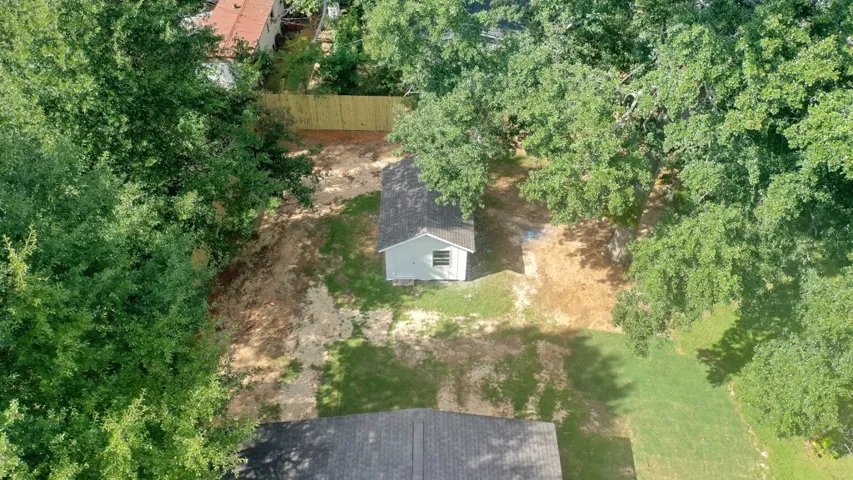 Mature trees frame a detached outbuilding nestled within a spacious backyard clearing.