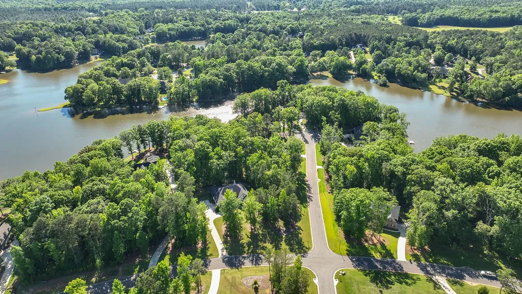 Aerial view captures verdant lakeside community with winding roads and secluded homes.