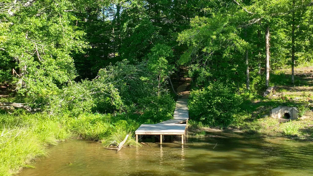 A private dock offers direct access to the water, nestled amongst abundant greenery.