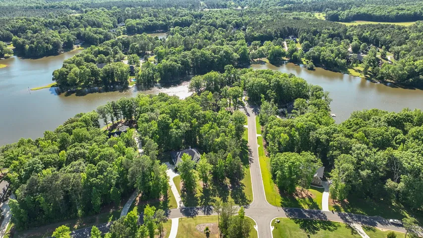 Aerial view captures verdant lakeside community with winding roads and secluded homes.