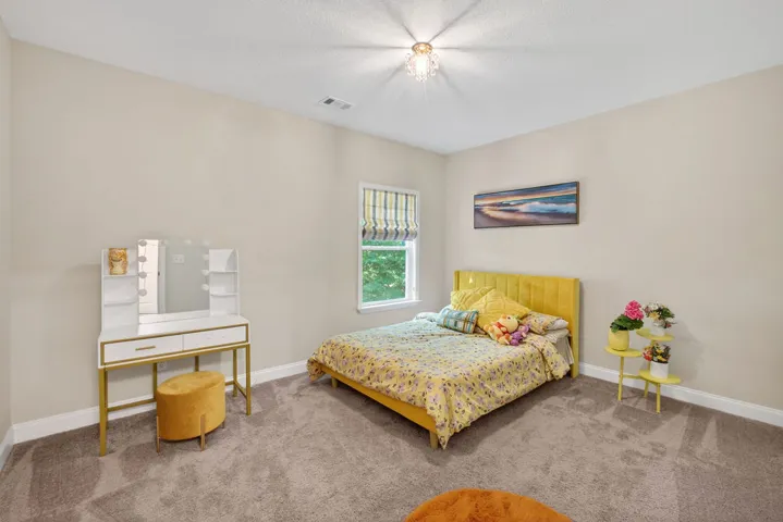 A cozy bedroom with plush carpeting, a single window, and a decorative ceiling light fixture.