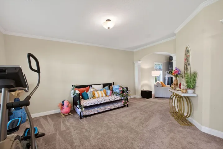Archways and crown molding add architectural interest to this carpeted living space.