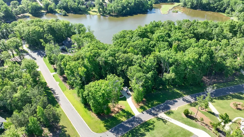 An aerial perspective reveals a winding driveway nestled among mature trees, bordering a tranquil lake.