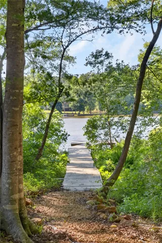 A tranquil path leads through abundant greenery to a private dock extending into the calm water.