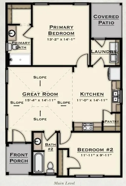 Functional layout highlighting a comfortable primary bedroom, a secondary bedroom, and essential living spaces.