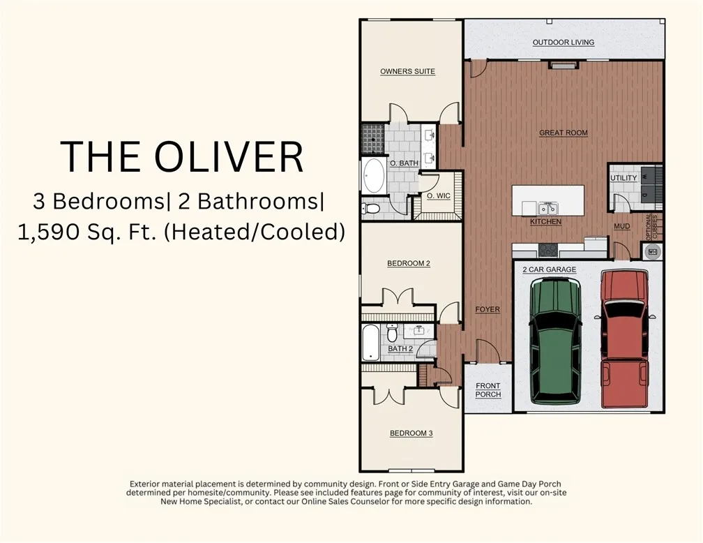 Thoughtfully planned ranch-style layout showcasing an open-concept living area and private bedroom wings.