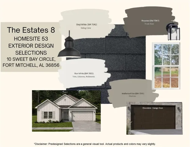 An exterior design board displays planned finishes and a rendering for a new home.