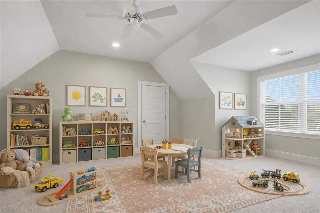 Virtual rendering of second-floor room staged as a playroom.