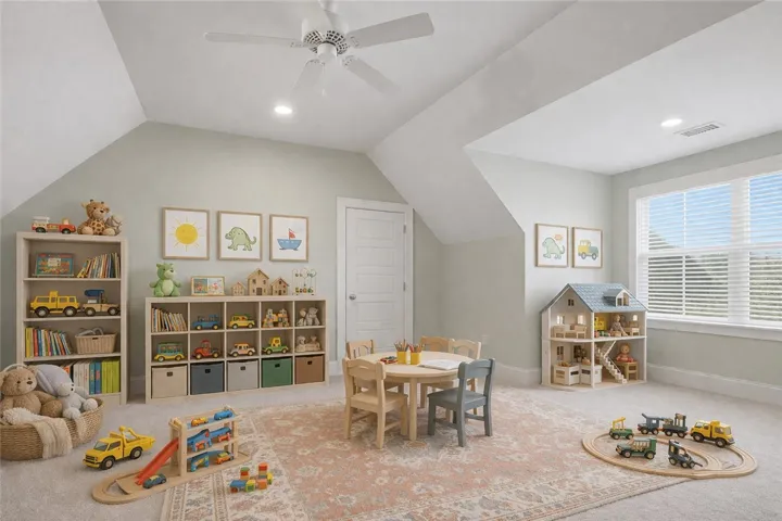 Virtual rendering of second-floor room staged as a playroom.