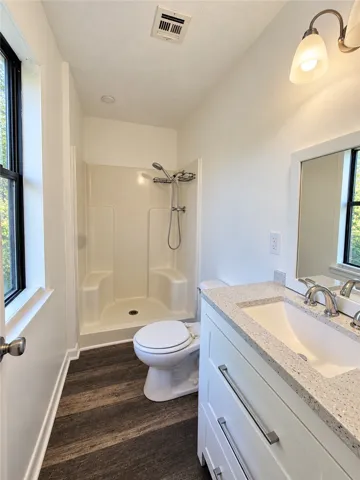 A modern vanity with stone counters complements the rich wood-look flooring in this bathroom.
