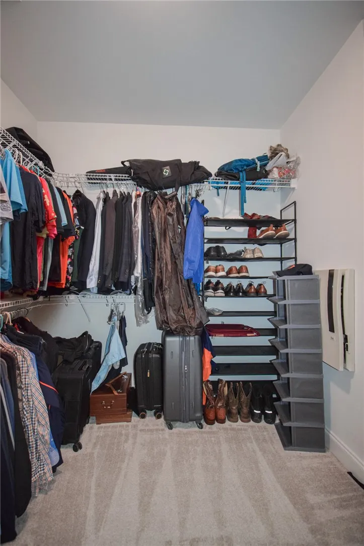 A spacious walk-in closet includes carpet flooring and abundant wire shelving.