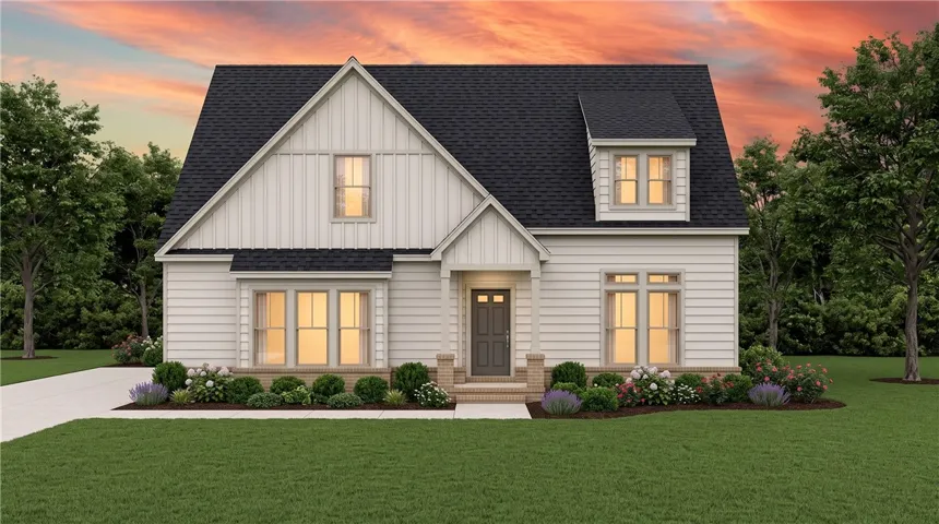 A steeply pitched roofline and vertical board-and-batten siding define this classic two-story exterior facade.