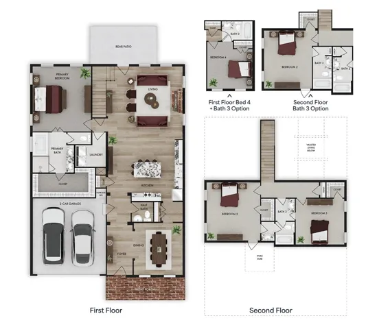 This floor plan will include both the first floor 4th bedroom/full bath and the second floor upgraded bath option