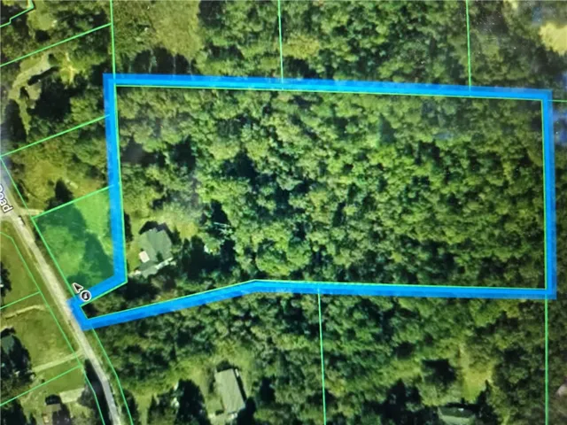 Aerial view of Lots 8 and 12. Lot 8 traced in blue and Lot 12 shaded in green.