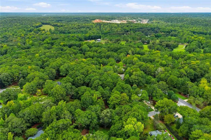 An aerial perspective reveals a dense canopy of mature trees surrounding private homesites.