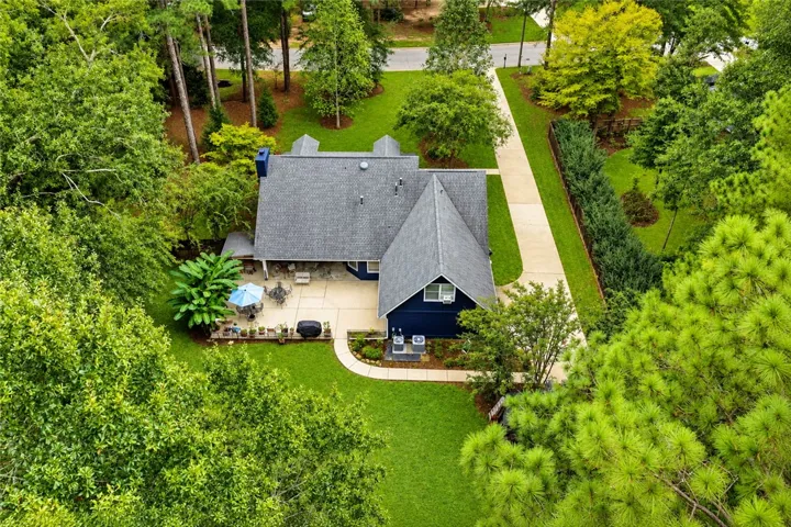 Mature trees frame a sprawling lawn and patio behind a two-story home. Adjacent to Lake Ogletree Preserve