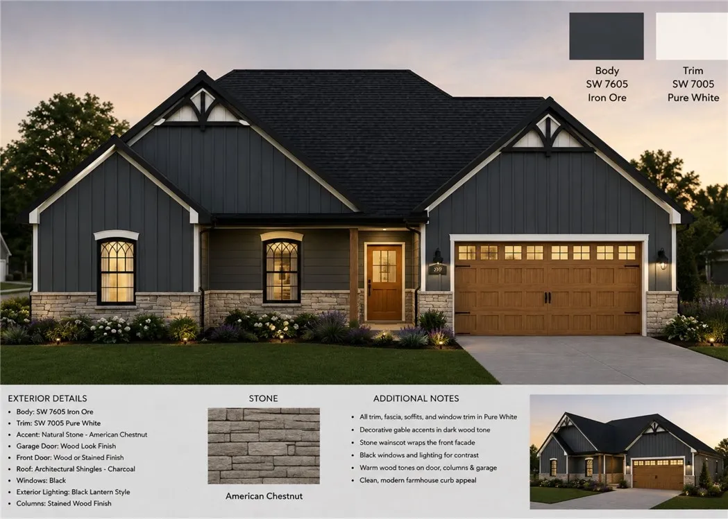 Board and batten siding meets rugged stone accents under a striking dual-gable roofline.