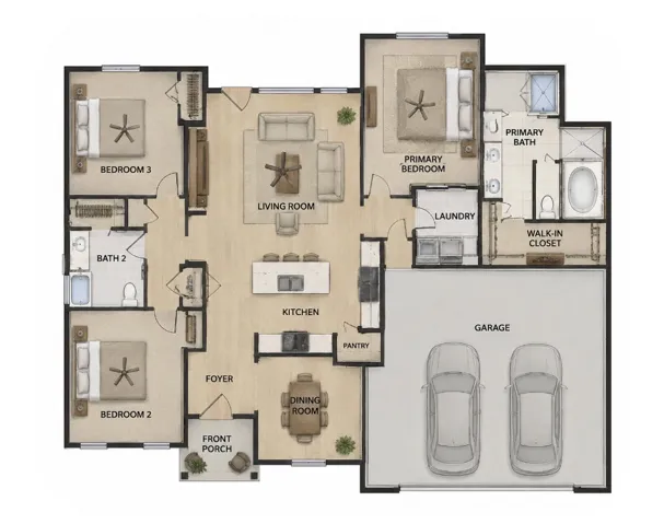 An intuitive single-story layout optimizes space with a clear flow between living areas.