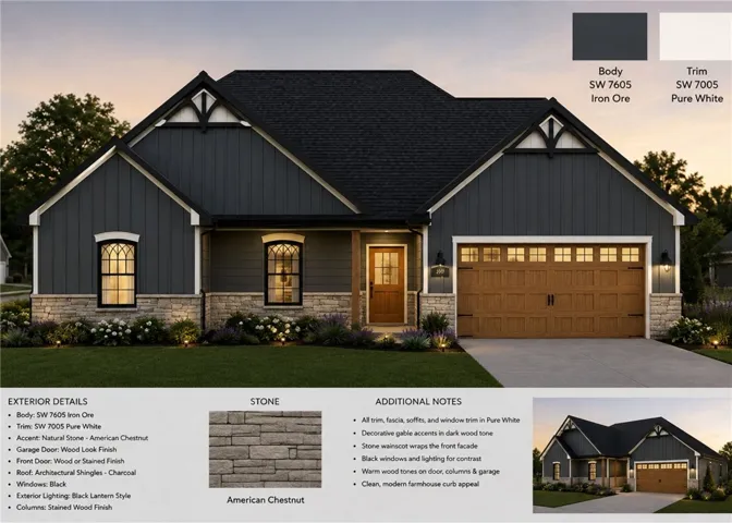 Board and batten siding meets rugged stone accents under a striking dual-gable roofline.