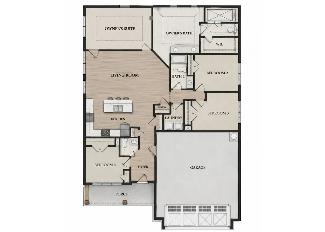 Thoughtfully planned layout showcases seamless transitions between shared living spaces and private quarters.