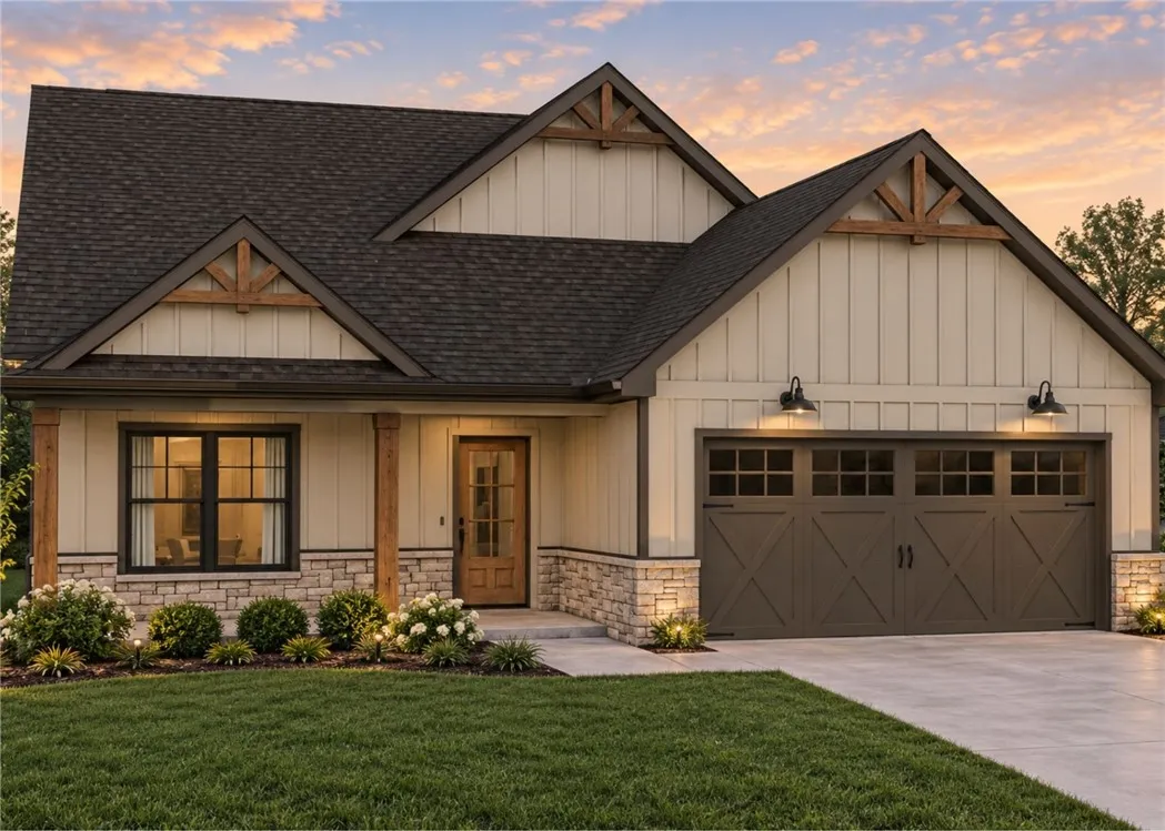 Board and batten siding pairs with stone accents to create exceptional curb appeal.