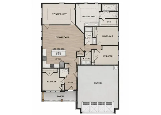 Thoughtfully planned layout showcases seamless transitions between shared living spaces and private quarters.