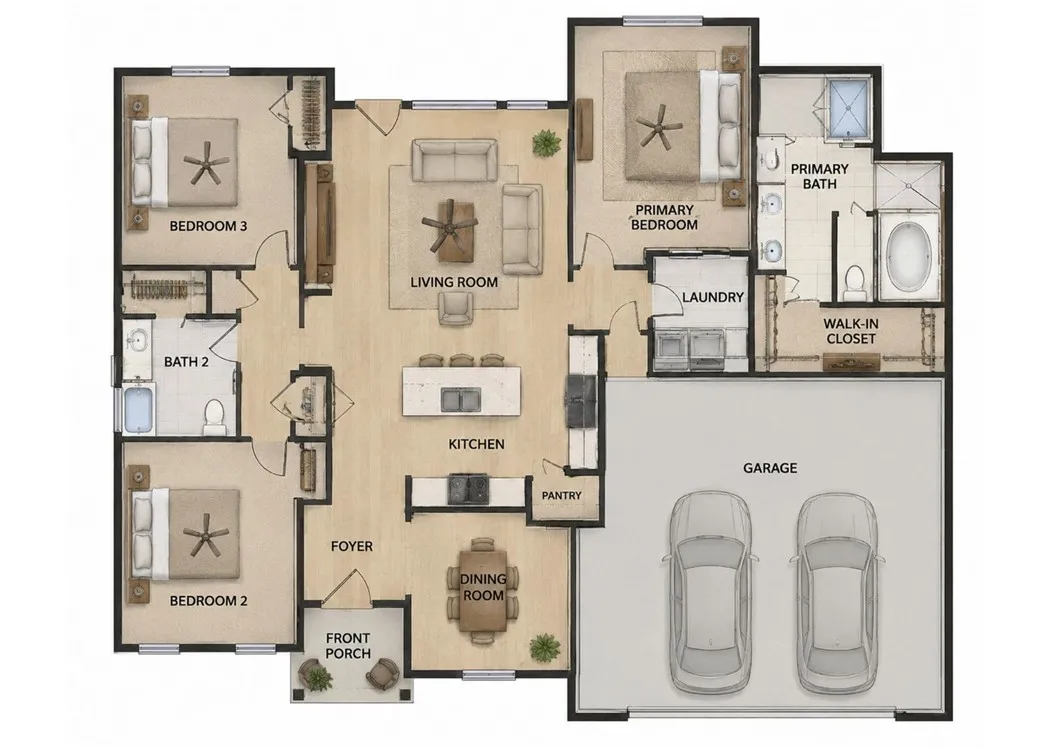 A detailed layout illustrates a modern single-story floor plan with open living spaces.
