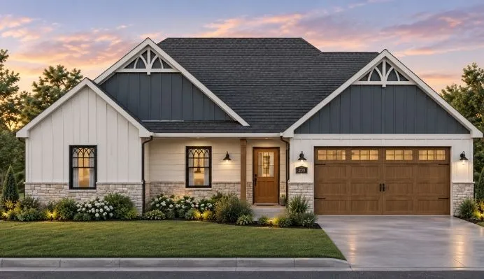 Board and batten siding meets rustic stone accents on this striking modern craftsman exterior.