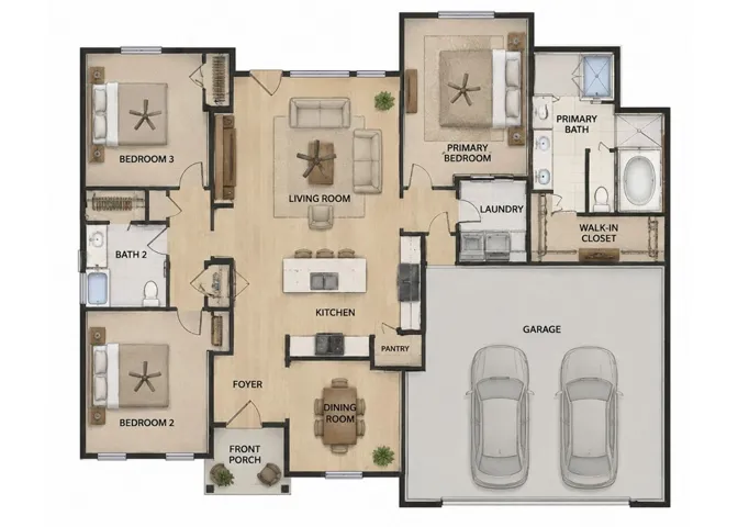 A detailed layout illustrates a modern single-story floor plan with open living spaces.