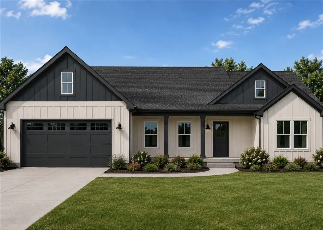 Striking board and batten siding pairs perfectly with a dark gabled roofline.